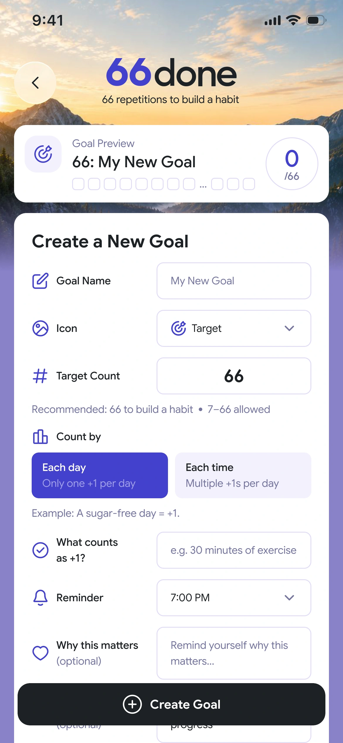 66 DONE — create goal on iPhone